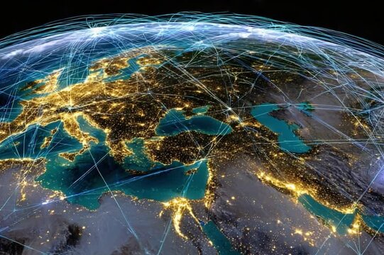 Global Network: A mesmerizing illustration of Earth at night, interlaced with luminous lines that symbolize the intricate web of global communication and connectivity.