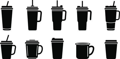 Drinkware silhouette set, coffee mugs, travel cups, takeaway tumblers, black icons, beverage containers, cad drawing flat vector illustration