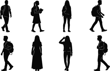 Student silhouettes, walking and standing poses, backpack figures, casual attire, black vector shapes, flat design, cad drawing flat vector illustration