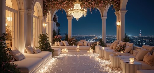 Luxurious patio terrace at night decorated with flowers petals, roses. Elegant gothic style balcony with city view. Fancy resort interior with chandelier, candles. Romantic setting for event at