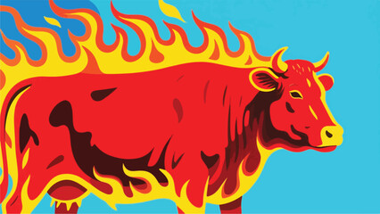 Cow With Hot Burning Fire Illustrator Artwork Banner Background Design Template 