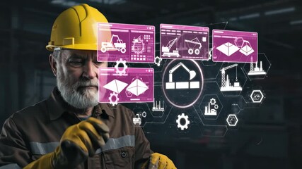 Man engineer interacts with virtual construction interface, selecting icons and managing data on a holographic display, footage. - Powered by Adobe