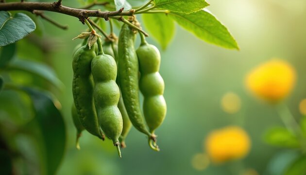 Close up photo shows green pigeon peas pods hanging from branch. Fresh raw vegetables in natural outdoor environment. Healthy organic plant growing in a garden.