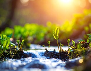 Gentle stream flowing, sunlight dappling fresh green foliage