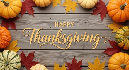 Festive Happy Thanksgiving Text with Autumn Pumpkins and Colorful Leaves