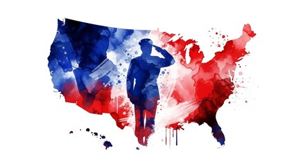 Patriotic Watercolor Usa Map Featuring a Saluting Soldier Silhouette