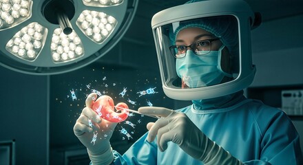 Surgeon in advanced protective gear performing delicate medical procedure in operating room.