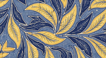 Blue and Yellow Leaf Patterned Textile Fabric Background