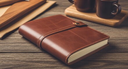 Stylish Leather Planner on a Wooden Table with Coffee Break Elements