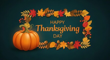 Festive Thanksgiving Illustration Featuring Pumpkin, Fall Leaves, and Berries