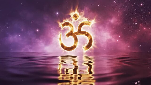 Ek onkar symbol in flames reflected in water against a cosmic background, representing the oneness of god in sikhism guru nanak jayanti