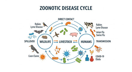 Zoonotic disease cycle showing transmission from wildlife and livestock to humans including rabies, lyme disease, avian flu, swine flu, covid-19