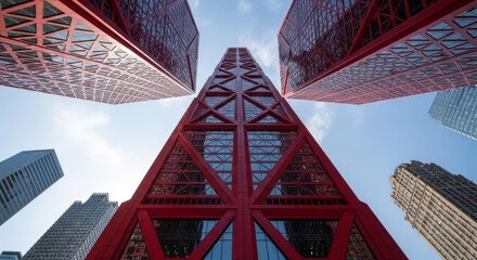 Striking Red Geometric Skyscrapers with Glass Facades Against a Blue Sky