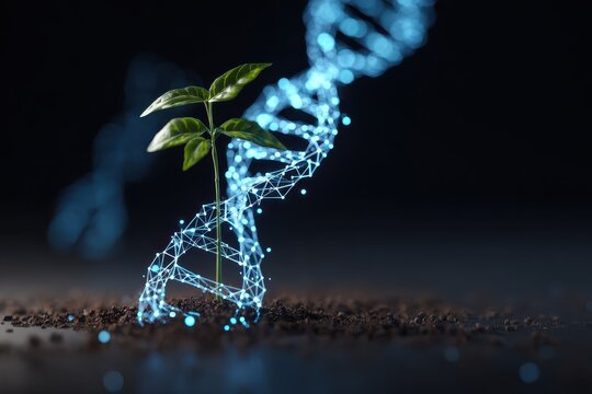 Exploring the intersection of biotechnology and plant growth with a digital DNA strand supporting a young sprout in soil