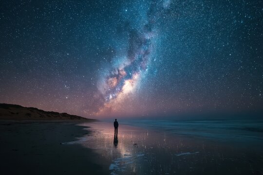 Man gazes at the stunning Milky Way above Sleaford Bay during a serene night by the sea