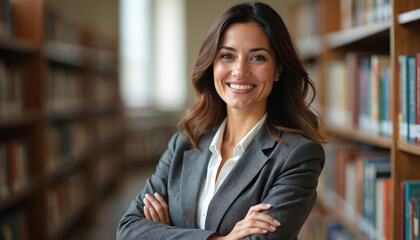 Middle aged Hispanic woman poses in a library. Smiling female in formal business suit has crossed arms. Portrait of a pro or professor. Bookshelves are blurred in background.