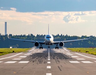Front view of a commercial jet landing on a runway