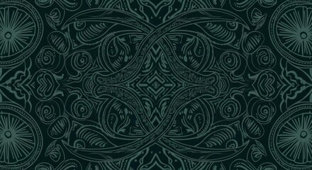 Dark Green Ornate Abstract Pattern with Symmetrical Decorative Motifs