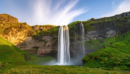 Fototapeta premium Majestic waterfall cascading down dramatic cliffs, vibrant green landscape