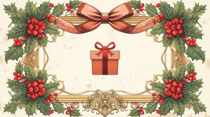 Christmas Gift Box with Holly Frame, Festive Vector for Holiday Cards and Invitations