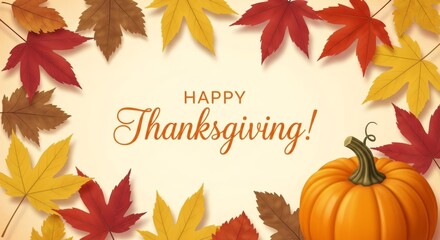 Vibrant Autumn Leaves and Pumpkin Framing a Happy Thanksgiving Message