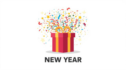 New Year Celebration Box with Confetti , Vector Template for 2026 Party Flyers and Social Posts