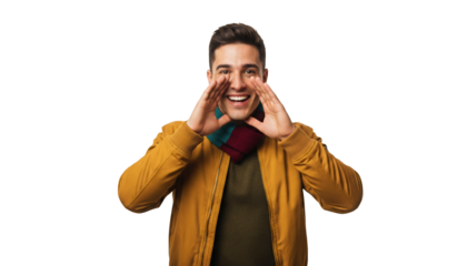 Enthusiastic young Hispanic man shouting announcement, wearing stylish scarf and jacket, joyfully communicates message