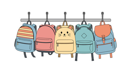Five different colorful backpacks, including a cute cat-faced one and a striped bag, hang neatly on hooks against a white background, ready for school.