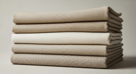 Neatly Stacked Beige and Cream Blankets with Varied Textures