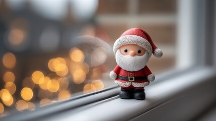 Obraz premium Cozy tiny Santa Claus figurine sitting on a windowsill with soft warm light festive holiday decoration spreading cheerful Christmas spirit for winter celebration home decor and seasonal greeting card 