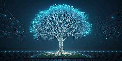 Glowing digital tree of life symbolizing technology and nature connection in futuristic environment.