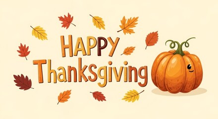Cheerful Happy Thanksgiving Illustration with Pumpkin and Autumn Leaves