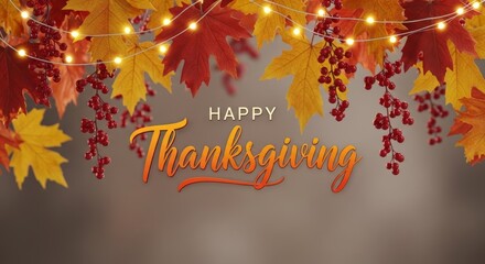 Happy Thanksgiving Greeting with Autumn Leaves, Berries, and String Lights