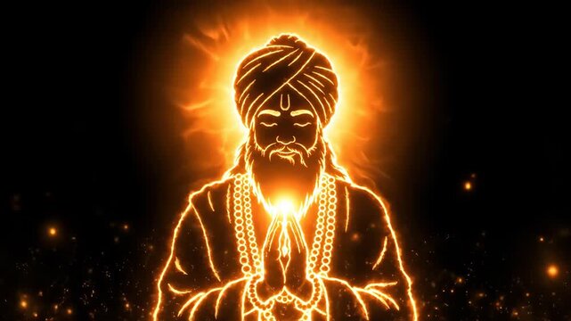 Guru nanak dev ji outlined with fiery light against a dark backdrop, creating a spiritual and visually striking image guru nanak jayanti