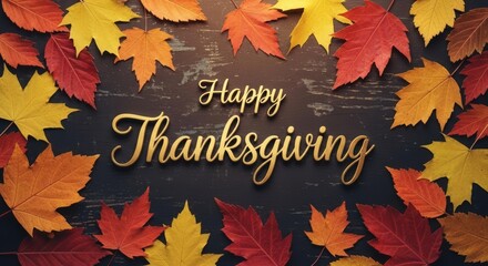 Happy Thanksgiving Text on Dark Wood with Vibrant Autumn Leaves Border