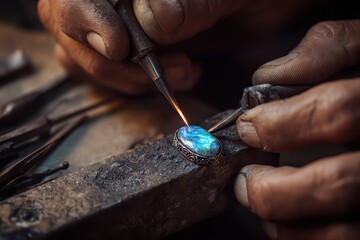 Skilled jeweler crafting a gemstone piece in a workshop, showcasing intricate techniques and detailed craftsmanship under warm lighting in an artisan environment