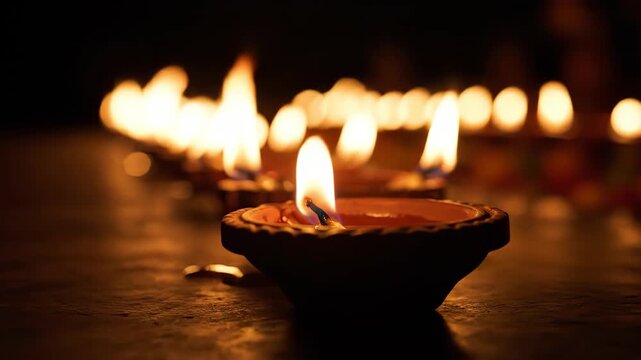 A row of lit diya lamps, symbolizing the triumph of light over darkness during the diwali festival celebration in india guru nanak jayanti