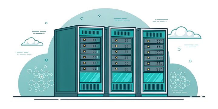 Modern server rack array with cloud icons representing data storage and technology infrastructure.