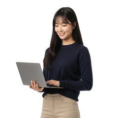 Smiling young Korean Asian woman working on laptop, enjoying online shopping, or studying remotely with modern tech