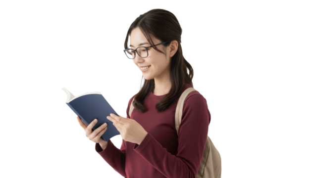 Smiling Japanese student absorbed in reading a book, fostering a love of literature and lifelong learning, ready for school
