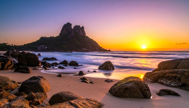 Serene Beach Sunset with Dramatic Rock Formations and Ocean Waves
