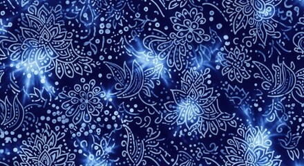 Intricate Indigo Batik Pattern with White Floral Designs and Luminous Accents