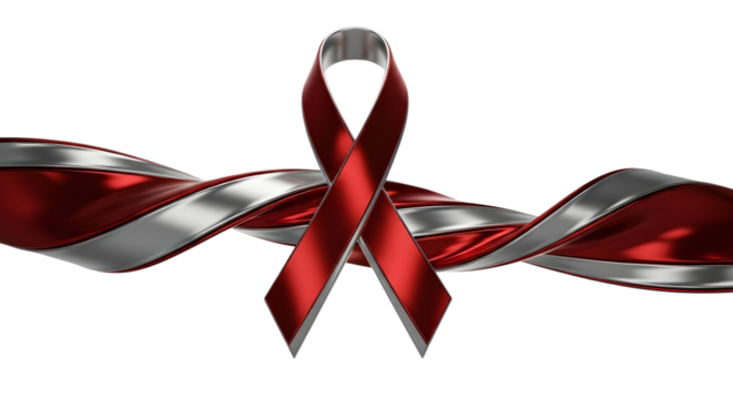 AIDS awareness ribbon with a metallic sheen isolated on a transparent background, symbolizing support, solidarity, and the ongoing fight against HIV/AIDS