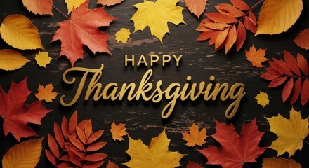 Golden happy Thanksgiving Text on Rustic Wood with Autumn Leaves