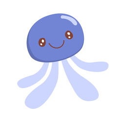 Cartoon vector illustration of a cute purple jellyfish mascot character with a cheerful face on a transparent square background