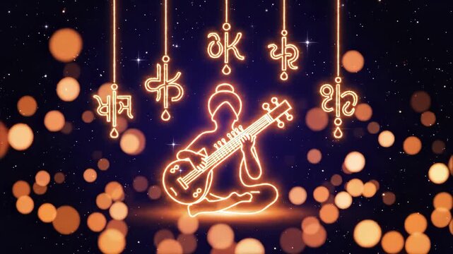 Sikh musician playing the veena with glowing symbols and bokeh lights against a starry night, celebrating spiritual music and tradition guru nanak jayanti