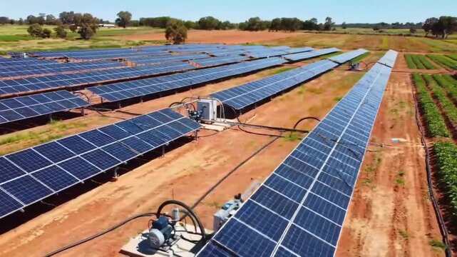 Array of solar panels set up in a rural field with crops
