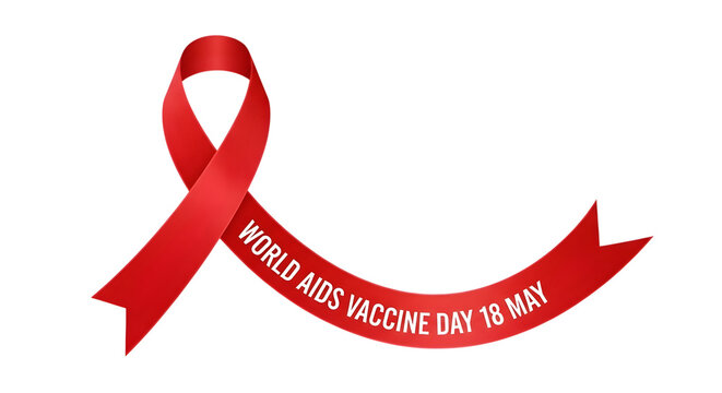 World aids vaccine day image with a red ribbon and the text world aids vaccine day 18 May, isolated on a transparent background - Powered by Adobe