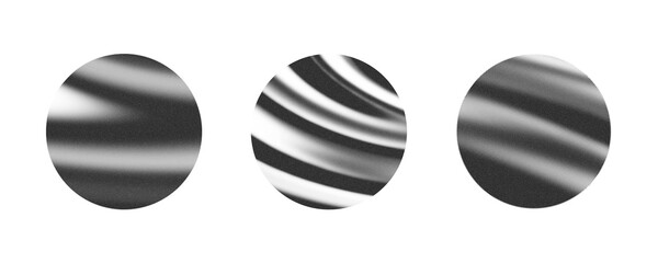 A set of futuristic drawings of planets with a wavy linear zebra pattern. Elements for the design on transparent background.Black, white, gray colors. Monochrome, grainy. Planetary rings illustration.