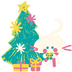 cat christmas tree and gifts